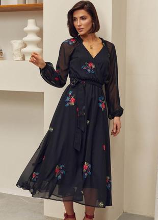 Длинное шифоновое платье черная с вышивкой | 79966