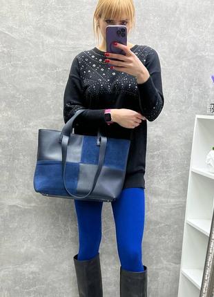 Сумка женская синяя стильная сумочка шоппер с замшевыми вставками4 фото