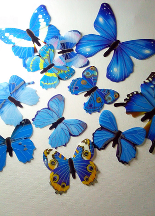 Метелики декоративні 3d на скотчі блакитні кольорові ( 12шт )