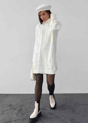 Женская вязаная туника с высоким воротником и косичками, цвет: молочный3 фото