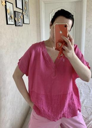 Розовая фуксия льняная блуза с вышивкой с коротким рукавом оверсайз1 фото