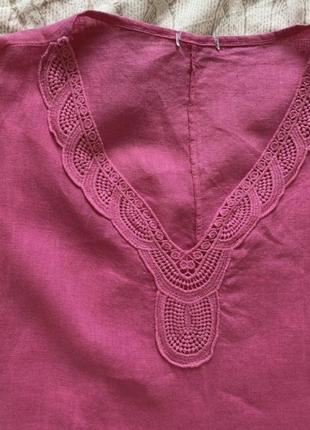 Розовая фуксия льняная блуза с вышивкой с коротким рукавом оверсайз4 фото