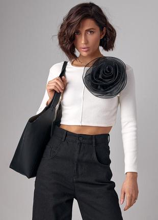 Короткий джемпер в рубчик з об'ємною квіткою - чорний цвет, l (є розміри)