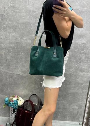 Изысканная женская сумка зеленая сумочка из замши и экокожи
