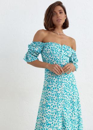 Летнее платье на пуговицах и с открытыми плечами, цвет: бирюзовый. стильное летнее платье с короткими рукавами3 фото