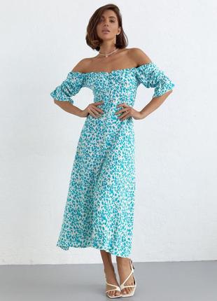 Летнее платье на пуговицах и с открытыми плечами, цвет: бирюзовый. стильное летнее платье с короткими рукавами