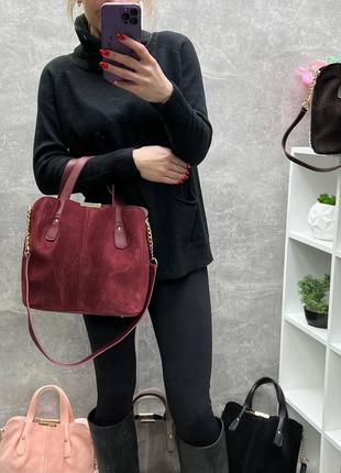 Качественная женская сумка из замши и экокожи удобная сумочка бордо6 фото