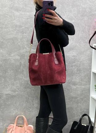 Качественная женская сумка из замши и экокожи удобная сумочка бордо7 фото