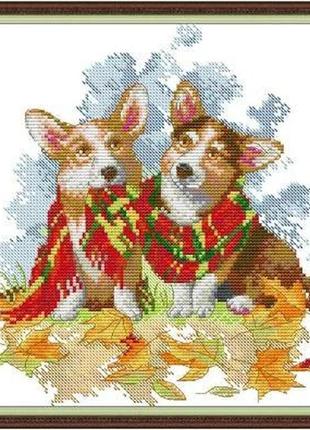 Набір для вишивання за нанесеною на канву схемою "two christmas puppies". aida 14ct printed 27*29 см