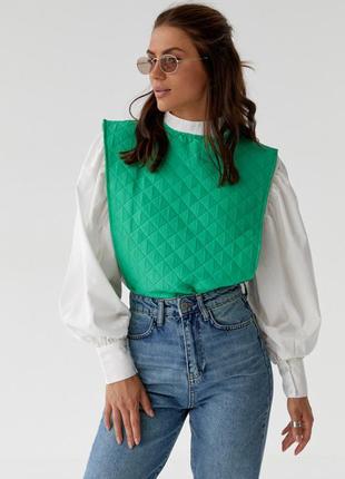 Блуза з об'ємними рукавами з накидкою та поясом, колір: зелений