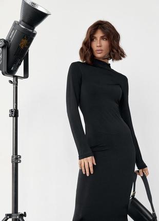 Елегантна міді сукня з біфлексу з коміром-стійкою, чорна, 95% поліестер, 5% лайкра3 фото
