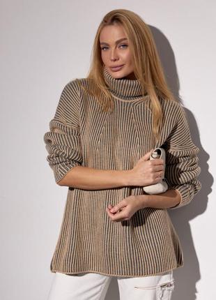 Женский вязаный свитер оверсайз с узором в рубчик, цвет: кофейный5 фото