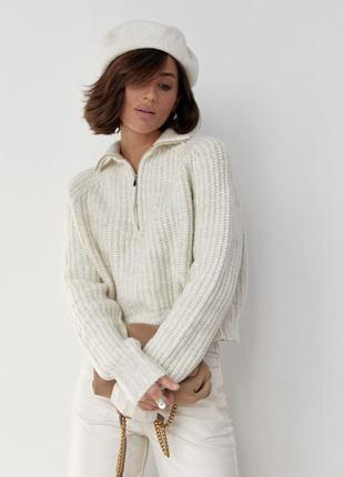 Женский вязаный свитер oversize с воротником на молнии, цвет: молочный7 фото