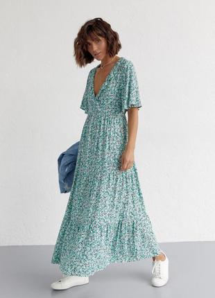 Елегантна сукня в квіточку з високою оборкою та v-подібною горловиною, зелена, 100% віскоза8 фото