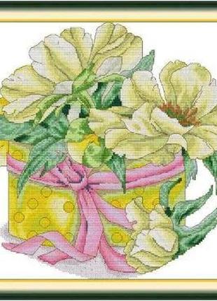 Набор для вышивания по нанесённой на канву схеме  "yellow peony".aida 14ct printed , 37*34 см