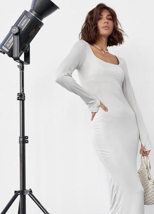 Силуетне мідіплаття з квадратною горловиною, колір: молочний. стильна сукня з довгими рукавами і квадратним вирізом, біфлекс3 фото