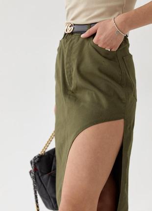 Коттонновая юбка с полукруглым разрезом, цвет: зеленый4 фото