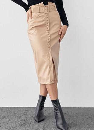 Спідниця-олівець під пояс з екошкіри, колір: світло-коричневий