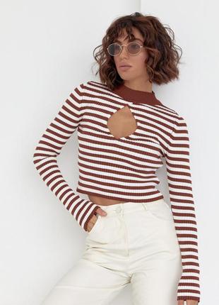 Полосатая водолазка с каплевидным вырезом, цвет: коричневый