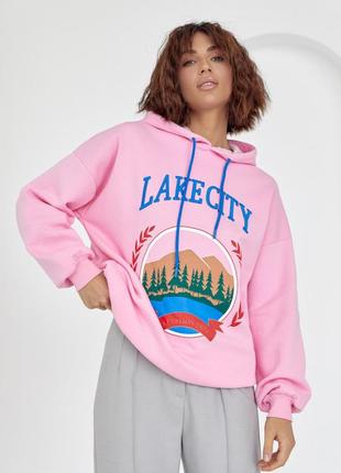 Утеплене худі з принтом і написом lake city, колір: рожевий