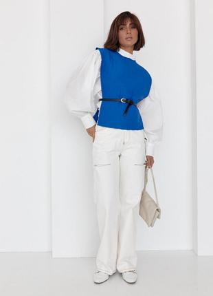 Блуза с объемными рукавами с накидкой и поясом, цвет: синий6 фото