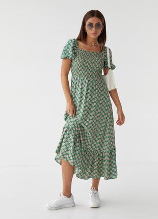 Женское длинное платье с эластичным поясом. стильное летнее платье fameistanbul с резинкой и воланами, зеленое1 фото