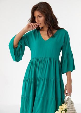 Изящное платье lurex с широкими 3/4 рукавами и трехярусными воланами, зеленое, 50% вискоза, 50% хлопок3 фото