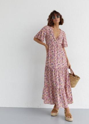 Довге плаття з оборкою і квітковим принтом, колір: лавандовий4 фото
