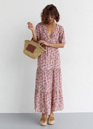 Довге плаття з оборкою і квітковим принтом, колір: лавандовий6 фото