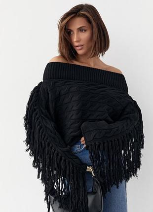 Кофта в косички з відкритими плечима та бахромою на рукавах, колір: чорний