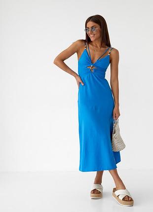 Оригінальний сарафан міді прикрашений дерев'яними намистинами, колір: синій