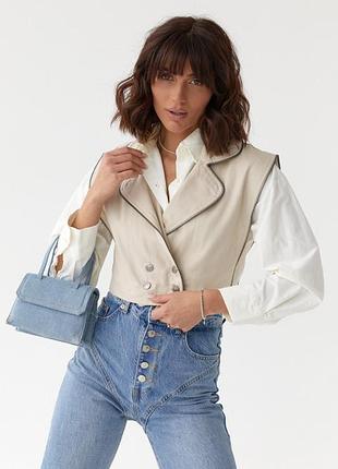 Укороченный жилет на пуговицах в стиле кэжуал, цвет: бежевый