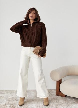Женский вязаный свитер oversize с воротником на молнии, цвет: коричневый3 фото