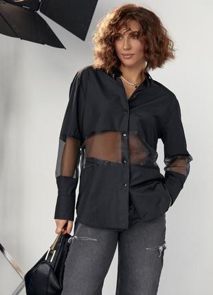 Удлиненная женская рубашка с прозрачными вставками, цвет: черный6 фото