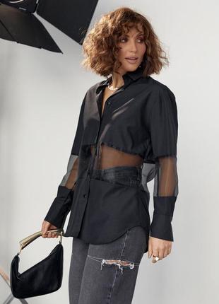 Удлиненная женская рубашка с прозрачными вставками, цвет: черный5 фото