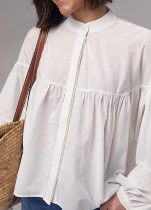 Хлопковая блузка с широкими рукавами на завязках, цвет: молочный4 фото