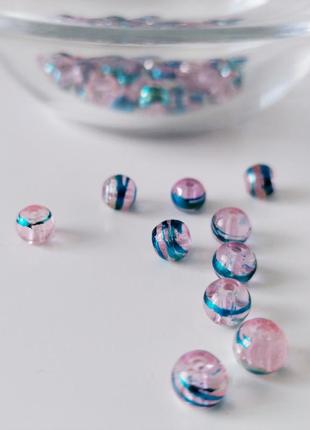 Бусины битое стекло, кракле, льдинка , розовые с голубым гальваническим покрытием. диаметр 6 мм