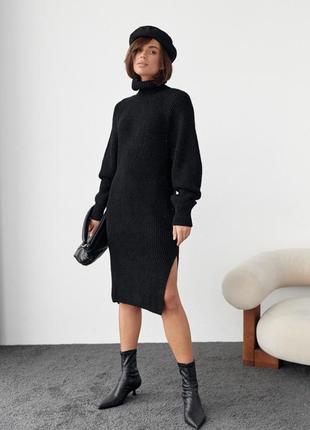 Вязаное платье миди с разрезами, цвет: черный