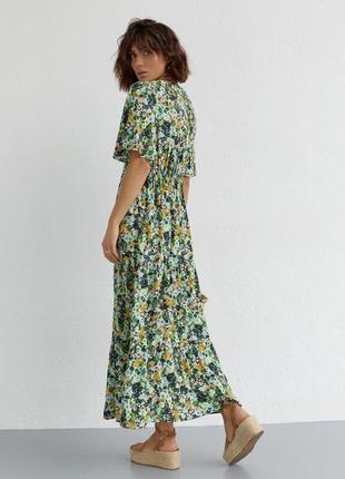 Длинное платье с оборкой и цветочным принтом, цвет: салатовый2 фото