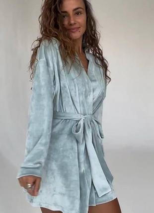 Женский стильный велюровый халат на запах с поясом размер универсальный 42-466 фото