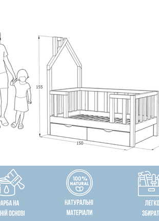 Дитяче ліжко з підголів’ям будиночком, з шухлядами 150х90см3 фото