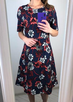 Синие платье в цветы с подкладкой офисное нарядное