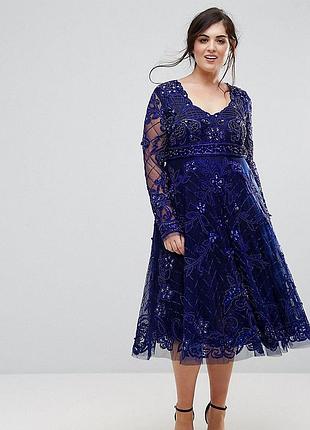 Синее вечернее платье с насистом и пайетками