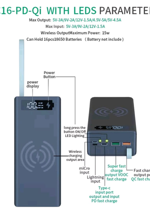 Корпус для powerbank на 16 шт. 18650 з безпровідною зарядкою