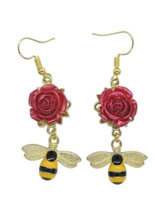 Сережки liresmina jewelry сережки гачок (петля) бджілки на червоній троянді 5.5 см золотисті довгі сережки