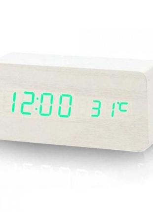 Дерев'яний настільний годинник із термометром (зелена підсвітка)1 фото