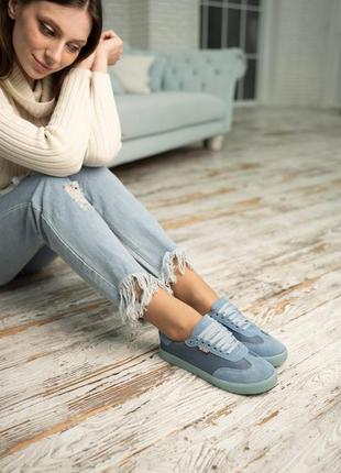 🌞кеды замшевые в комбинации с перфорированной кожей голубые
