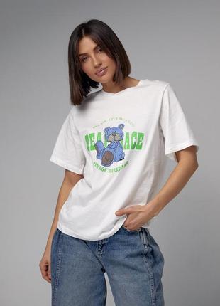 Хлопковая футболка с ярким принтом медведя - белый цвет, l (есть размеры)