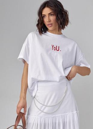 Жіноча футболка oversize з написом you — білий із червоним кольором, l (є розміри)6 фото