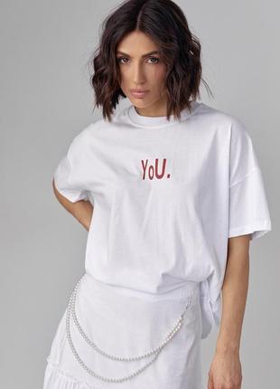 Женская футболка oversize с надписью you - белый с красным цвет, l (есть размеры)5 фото